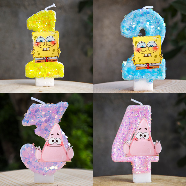Potdemiel SpongeBob Geburtstagstorten-Dekoration Kerze für Kinderpartys, Mehrfarbig - Bild 1