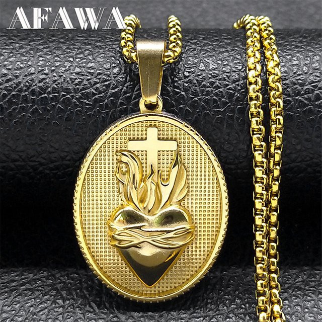 AFAWA Halskette Herz Jesu Kreuz, Edelstahl, Gold, Vintage, Unisex - Bild 1