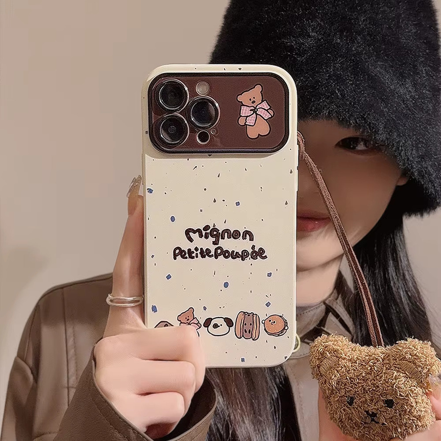 Stoßfeste iPhone Handyhülle mit Koreanischem INS-Cartoon-Bär und Plüsch-Lanyard für Apple iPhone 16 15 14 13 12 11 Pro Max XS XR 7 8 Plus - Bild 2