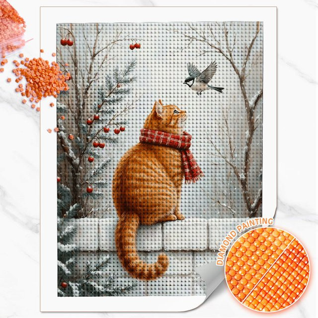 Huacan 5D Diamantmalerei Katze im Winter Motiv, buntes Tier-Landschaft-Diamantmosaik für Tischdekoration - Bild 1
