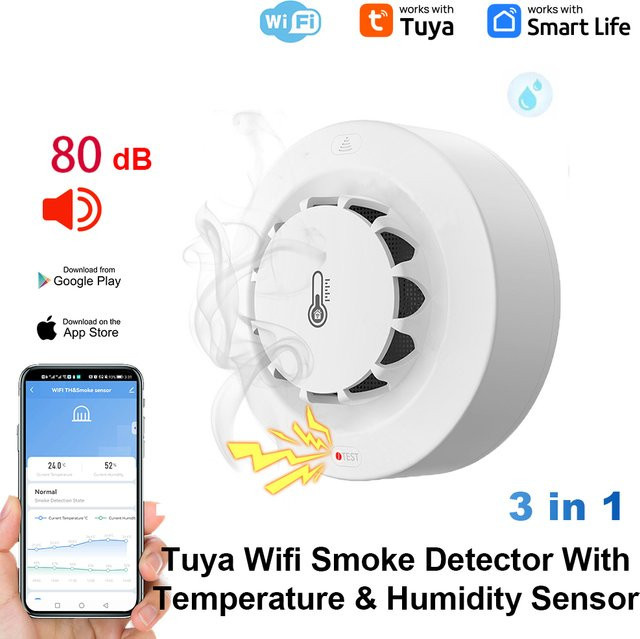 Tuya WiFi Temperatur- und Feuchtigkeitssensor mit Rauchmelder und Schutzalarm in Weiß - Bild 1