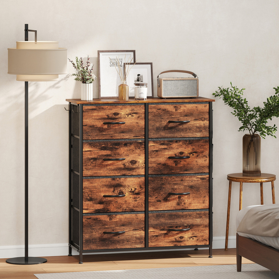 HOMCOM Kommode mit 8 Stoffschubladen, Aufbewahrungsmöbel mit 4 Taschen und 2 Haken, Stahlrahmen, rustikabraun und schwarz - Bild 2