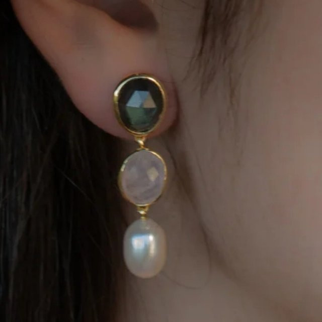 YoYo Ohrringe, Goldfarben, bunte Edelsteine, Perlen, Damen - Bild 1