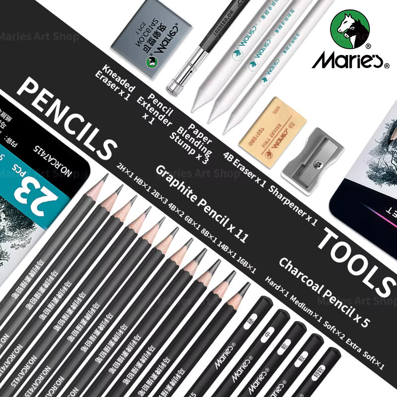 Marie’s 23-teiliges Skizzier-Bleistift-Set für Erwachsene mit Graphitstiften, Kohlestiften, Radiergummi, Spitzer und Papiermischungsstümpfen - Bild 3