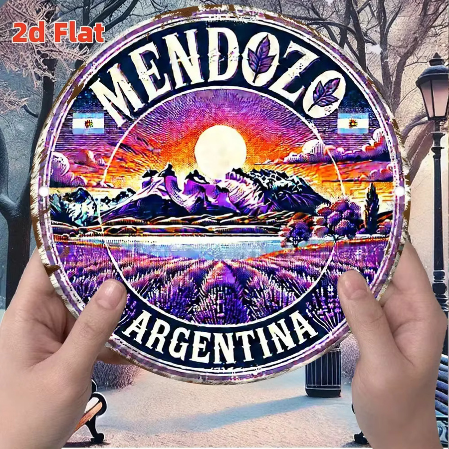 Potdemiel Metall Blechschild Wanddekoration Mendoza Argentinien Vintage Berglandschaft Rund, Durchmesser: 20 cm, Mehrfarbig - Bild 2