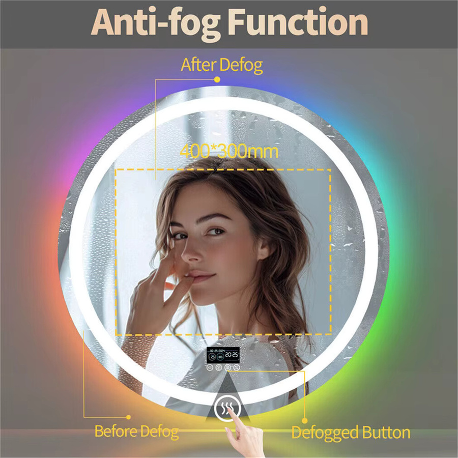 Runder LED-Badezimmerspiegel von BORWART mit Bluetooth-Lautsprecher, RGB-Hintergrundbeleuchtung und Antibeschlag-Funktion, Farbe: Weiß/Multicolour, Durchmesser: 80 cm - Bild 2
