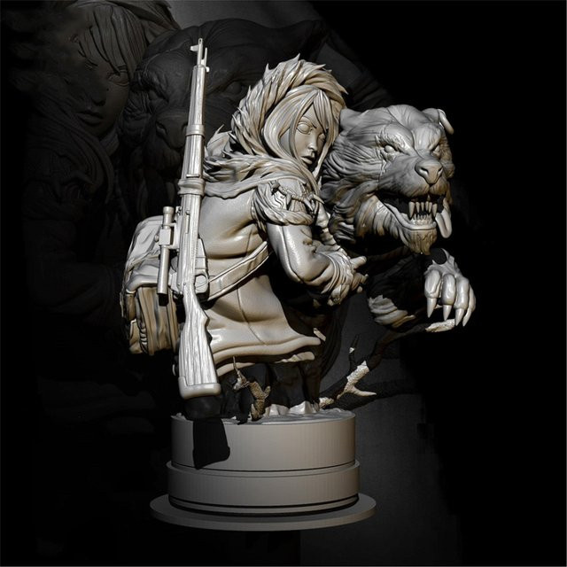 MEEKLION MODEL Unbemaltes Harzmodell Ancient Hunter Girl Büste mit Wolf im Maßstab 1/12 - Bild 1