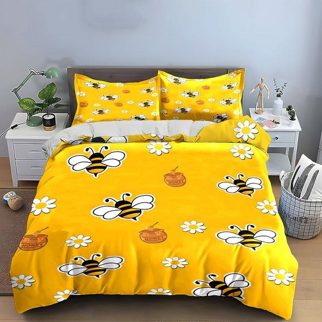 3-teiliges Bettwäsche-Set mit Bienenmuster in Gelb aus Mikrofaser, B/H: 135 x 200 cm - Bild 1