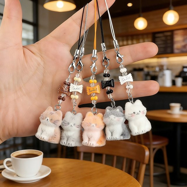 Kawaii Cartoon Katzen Handykette mit Kätzchen-Anhänger und Schlüsselband als süßer Taschenanhänger oder Schlüsselanhänger - Bild 1