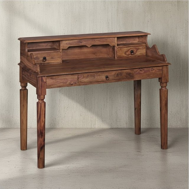 KADIMA DESIGN Landhaustisch aus Sheesham-Massivholz in Braun mit 3 Schubladen im Vintage-Look, B: 115 cm, H: 100 cm, T: 60 cm - Bild 1