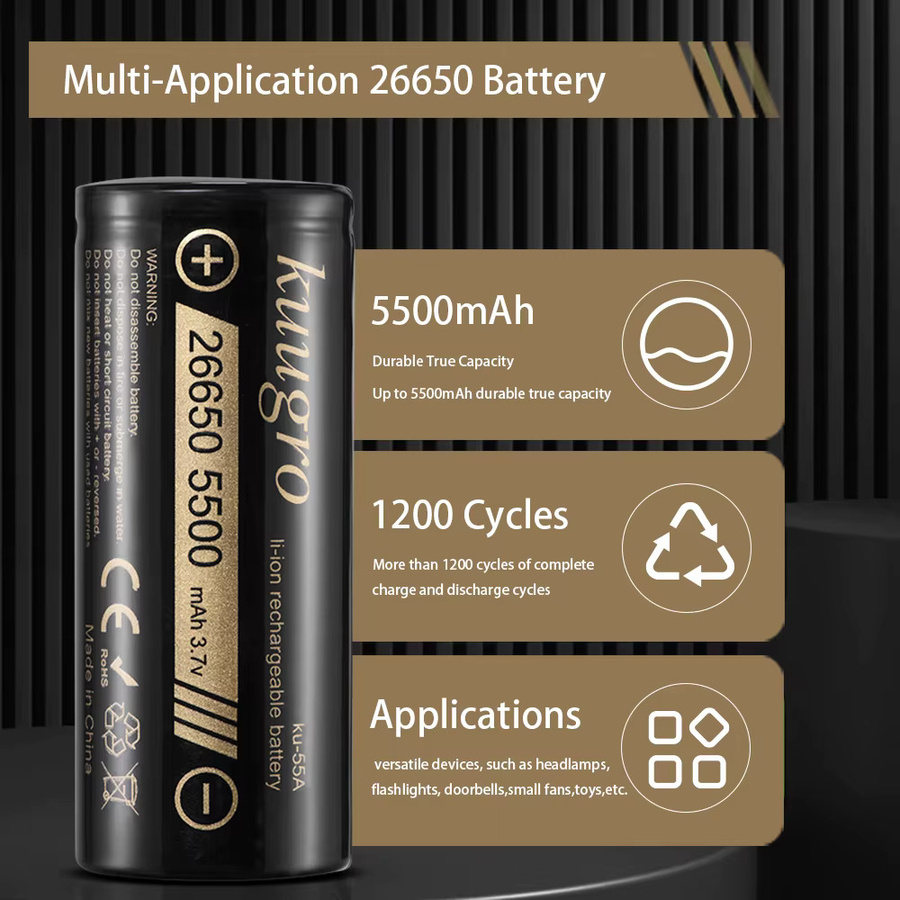 Kuugro Ku-55A 26650 Lithium-Ionen-Akku, 3,7 V, 5500 mAh, Schwarz - Bild 3