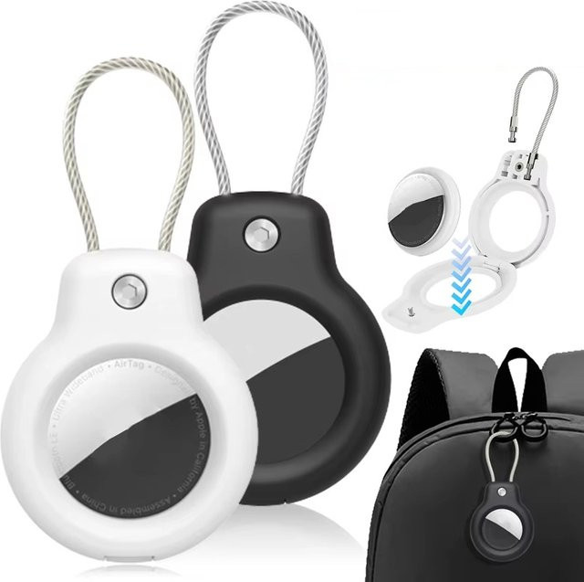 Schutzhülle für Apple AirTag mit Drahtseil und Schlüsselanhänger in Schwarz - Bild 1