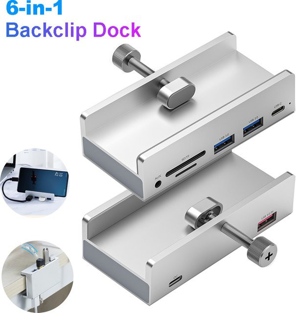 Kebidumei 6-in-1 USB 3.0 Hub Black Clip Dock mit 5 Gbit/s, Aluminiumlegierung, externer Multi-USB-Splitter-Adapter für Laptop und Desktop mit TF-Kartenslot, Schwarz - Bild 1