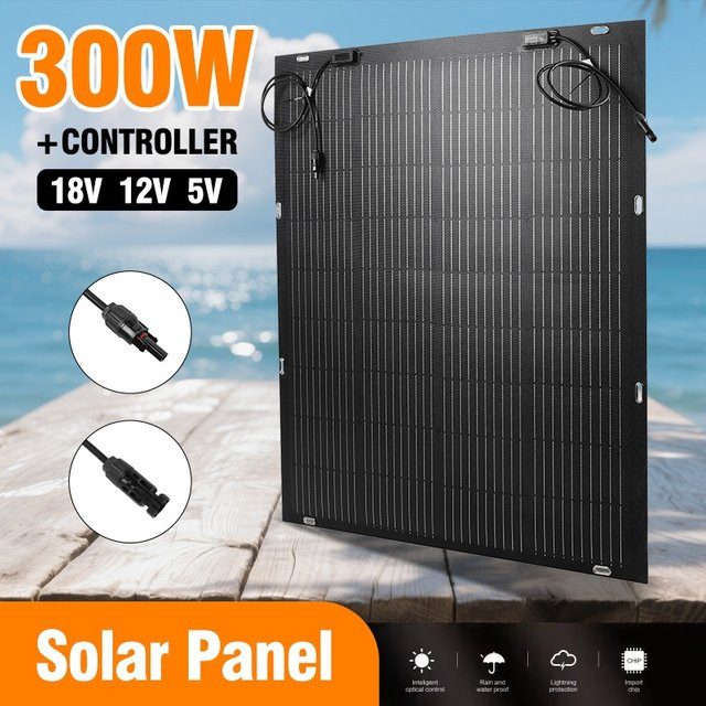 Flexibles 300 W Solarpanel von 18 V mit Solarzellen-Ladegerät in Schwarz für Camping, Wohnmobil und Boot - Bild 1