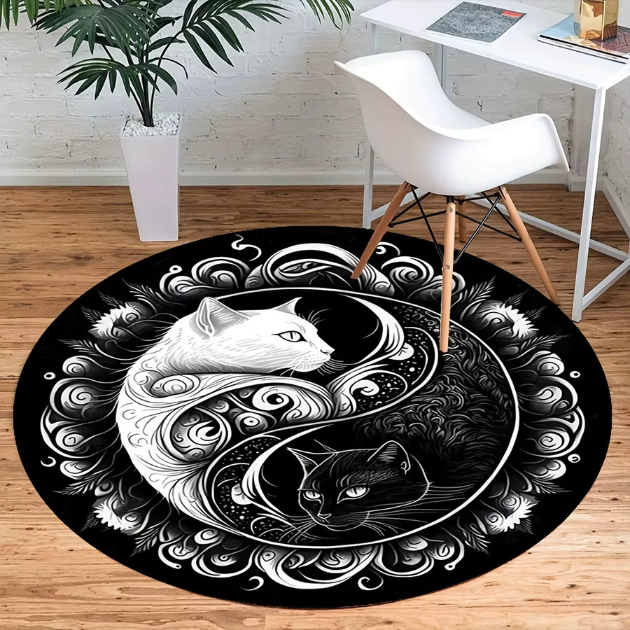 VIKAMA Runde Bodenmatte Yin-Yang Schwarz-Weiß-Katze für Wohnzimmer, Schlafzimmer und Spielzimmer, Durchmesser: 60 cm - Bild 2