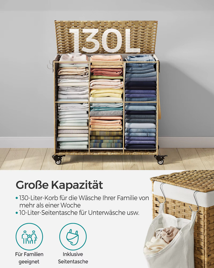 SONGMICS Wäschekorb aus Polyrattan in Grau mit 3 Fächern und herausnehmbarem Wäschesack, 140 l - Bild 2