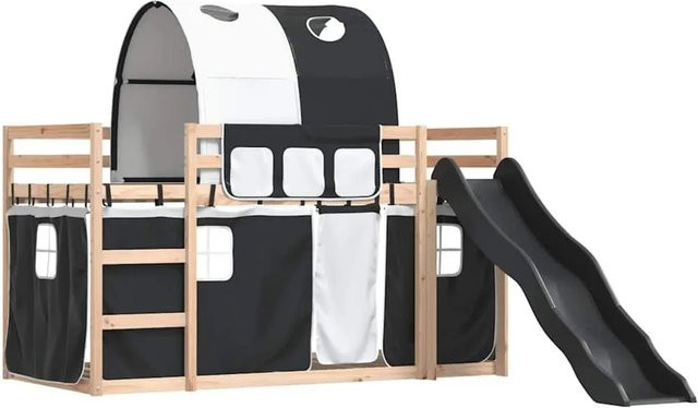 vidaXL Etagenbett für Kinder aus Kiefernholz mit Rutsche und Gardinen, Weiß und Schwarz, B/T/H: 80 x 200 cm - Bild 1