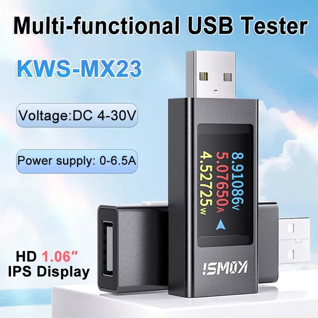 KWS-MX23 Digital USB Tester mit 1,06 Zoll HD Display, DC Spannung Amperemeter und Voltmeter für USB-A und USB-C, Schwarz, 4-30 V - Bild 1