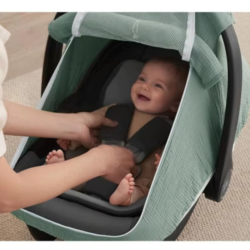 Ardo Baby-Kinderwagenkorb mit Moskitonetz und Sonnenschutz aus Baumwolle in Beige und Grün - Bild 3