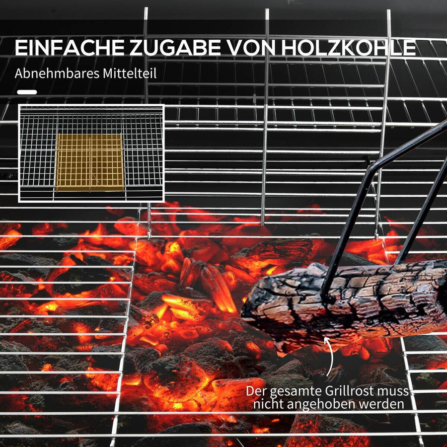 Outsunny Holzkohlegrill aus Metall als BBQ Smoker mit Deckel, Thermometer und verstellbarer Kohlewanne, fahrbarer Grillwagen für Camping und Terrasse, B/T/H: 95 x 71,5 x 102 cm - Bild 4