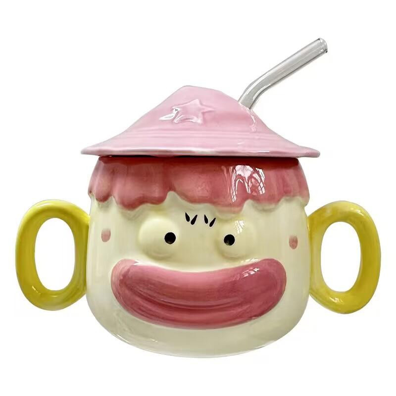 Niedriger Keramik-Trinkbecher für Mädchen mit Deckel und lustigem Paar-Design, erhältlich in Schwarz, Grün, Rot oder Mehrfarbig, Volumen: 301-400 ml - Bild 2