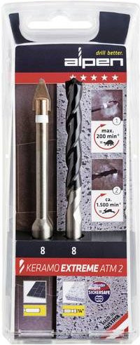 Alpen Keramo Extreme ATM2 Glas- und Fliesenbohrer-Set 2teilig, Diamant-Bohrer in Silber, 8 mm und 6,3 mm mit Zylinderschaft - Bild 2