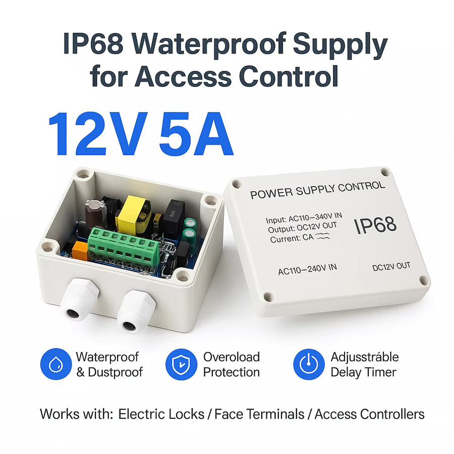 WITSNK IP68 Wasserdichte Stromversorgung für die Zugangskontrolle im Freien, 12 V, 5 A, mit einstellbarem Verzögerungstimer und Überlastschutz, Weiß - Bild 2
