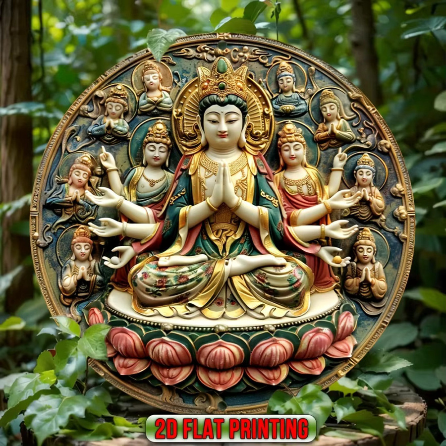 CIFBUY Buddhistische Metallwandkunst Mandala im Vintage-Stil, rundes Tibetisches Dekor in Grün, Gold und Rot für Meditation und Heimtempel - Bild 5