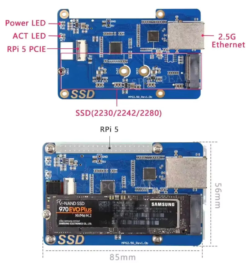 MPS2.5G Raspberry Pi 5 PCIe zu NVME SSD und 2,5G Ethernet RJ45 HAT mit RTL8125 in Blau - Bild 3