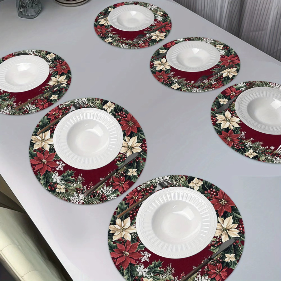 VIKAMA 6-teiliges Set Weihnachts-Tischsets mit Blumenmuster in Burgunderrot - Bild 2