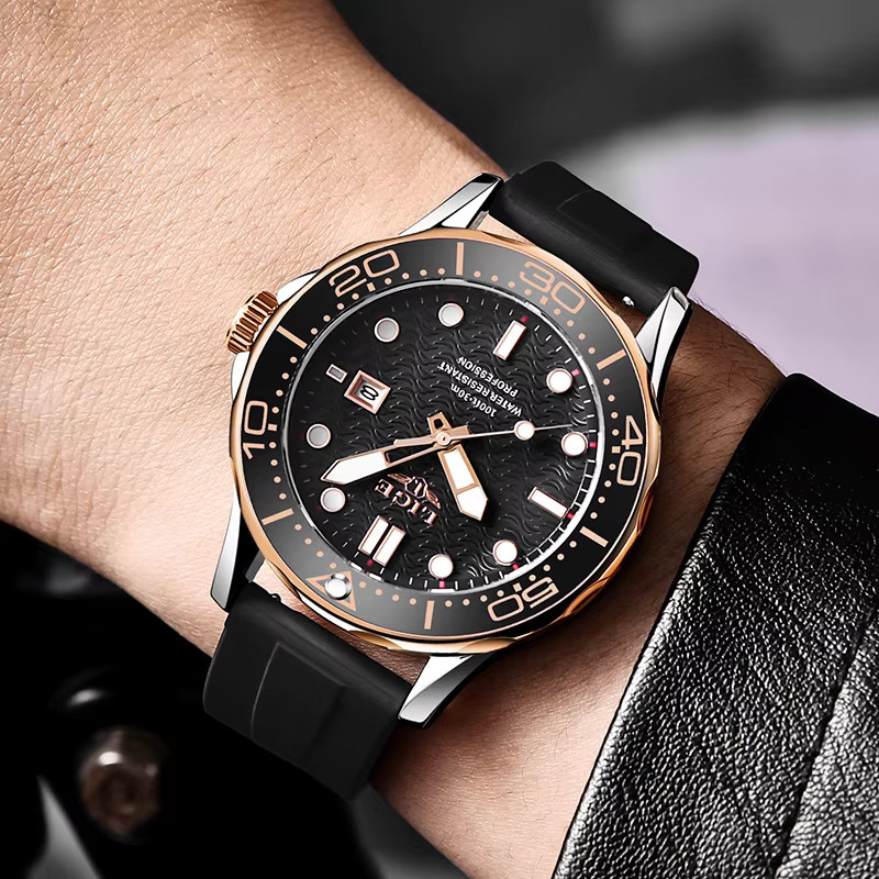 LIGE Armbanduhr, Taucheruhr, Edelstahl, Schwarz, Silber, Herren, Datum - Bild 3