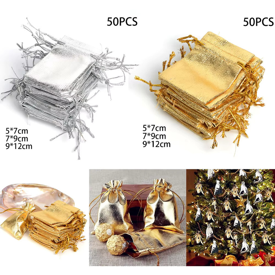 50 Stück Schmuckbeutel aus Metallfolie mit Kordelzug in Silber und Gold für Hochzeiten und Geschenke, Größen: 5 x 7 cm, 7 x 9 cm und 9 x 12 cm - Bild 1