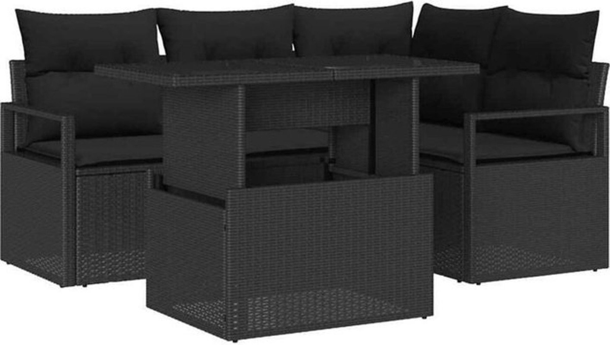 vidaXL Gartensofa-Set aus Poly-Rattan mit 5 Kissen in Schwarz, modulares Loungemöbel-Set - Bild 1