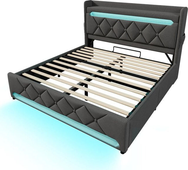 okwish Polsterbett Grau mit LED-Beleuchtung, USB-Anschluss und Stauraum, B/T/H: 180 x 200 x 111 cm - Bild 1