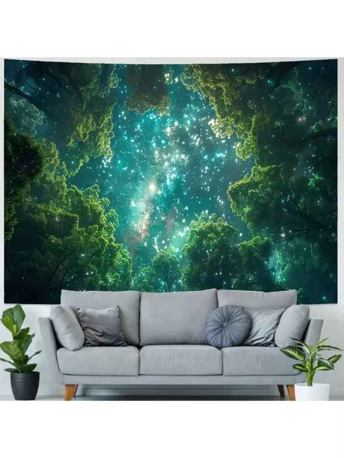 VIKAMA Wandteppich Magischer Wald mit Sternenhimmel in Grün und Multicolour, Rechteckiger Wandbehang für dein Wohnzimmer oder Schlafzimmer - Bild 3