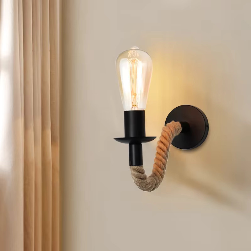 JOYINLED Industrielle Vintage Wandlampe aus Metall und Hanfseil mit E27 Fassung in Schwarz oder Braun für Schlafzimmer, Wohnzimmer und Esszimmer - Bild 4