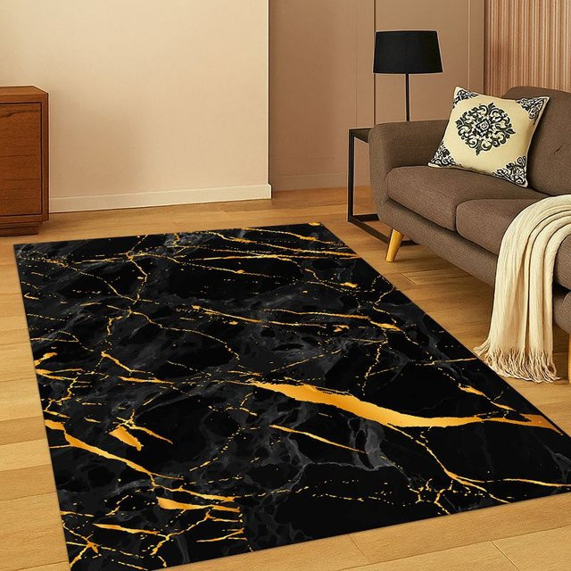 Faviora Teppich in Steinoptik mit Marmor-Design in Gold und Schwarz, rutschfest und rechteckig - Bild 1