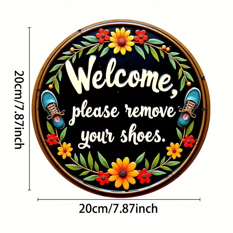CIFBUY Rustikales Rundes Metall-Wandschild Bitte Entfernen Sie Ihre Schuhe in Schwarz mit Blumenmuster, Durchmesser: 20,32 cm - Bild 4