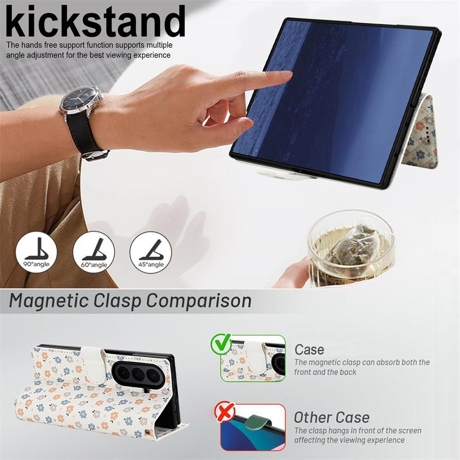 Samsung Galaxy Z Fold 5 4 6 7 5G Klapphandyhülle aus weißem Leder mit buntem Blumenmuster, Geldbörse und Handschlaufe, stoßfeste Schutzhülle Case mit Strap - Bild 3