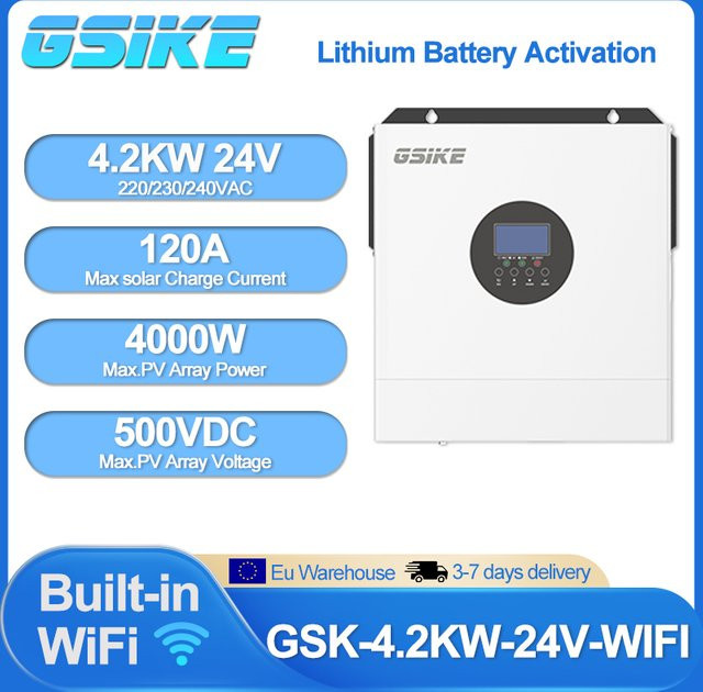 GSIKE Hybrid-Solarwechselrichter 4,2KW 24V mit 120A Solarladegerät, Reine Sinuswelle, On-Grid & Off-Grid, PV 500V, mit WIFI und BMS, Weiß - Bild 1