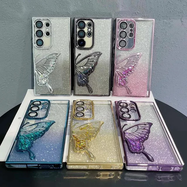 Transparente 3D-Glitzer-Schmetterlings-Schutzhülle für Samsung Galaxy S26 S25 S24 S23 Plus Ultra FE und A57 A56 A55 in Silber - Bild 1
