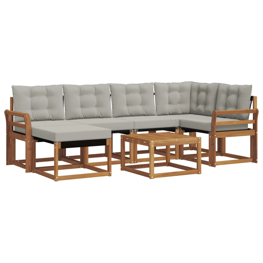vidaXL Outdoor-Sofagarnitur 7-teilig L-Form aus Akazienholz mit Textilene und Kissen in Natur und Hellgrau - Bild 2