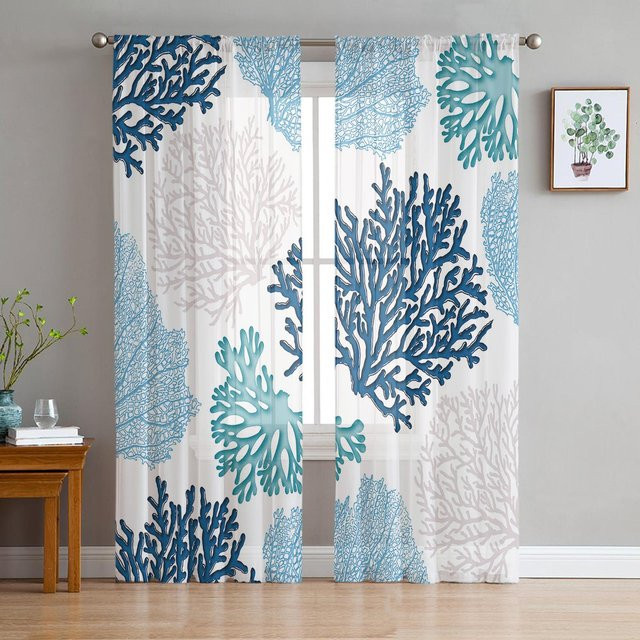 Binchi Outdoor Equipment Voile Gardine Meeresleben in Blau und Braun, Transparent mit Korallen-Motiv, B/H: 135 x 114 cm - Bild 1