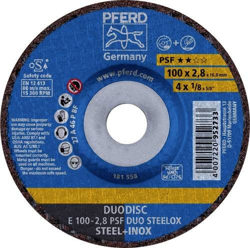 PFERD DUODISC PSF DUO STEELOX Schruppscheibe gekröpft für Stahl und Edelstahl, Farbe: Blau, Durchmesser: 100 mm, Bohrungs-Ø: 16 mm, Breite: 2,8 mm - Bild 1