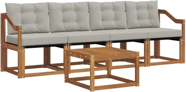 vidaXL Outdoor-Sofagarnitur 5-teilig aus Akazienholz mit Textilene und Kissen in Natur und Hellgrau - Bild 1