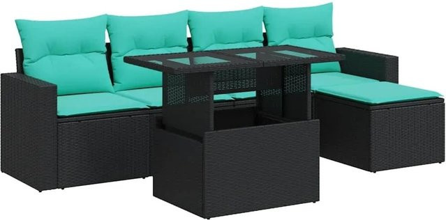 vidaXL 6-teilige Garten-Sofagarnitur in L-Form mit Kissen und Couchtisch, Schwarz, Poly-Rattan mit Metallgestell - Bild 1