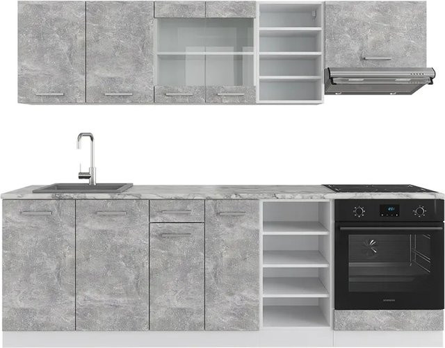 Vicco Küchenzeile R-Line Einbauküche in Weiß und Grau mit Beton- und Marmor-Arbeitsplatte, Breite: 240 cm, Tiefe: 60 cm, Höhe: 81,6 cm - Bild 2