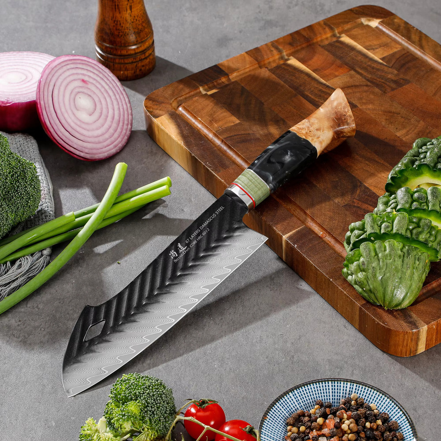 SHANGDAO Professionelles Santoku-Messer aus 67-lagigem Damaststahl mit handgeschmiedetem Holzgriff, 19,05 cm - Bild 3
