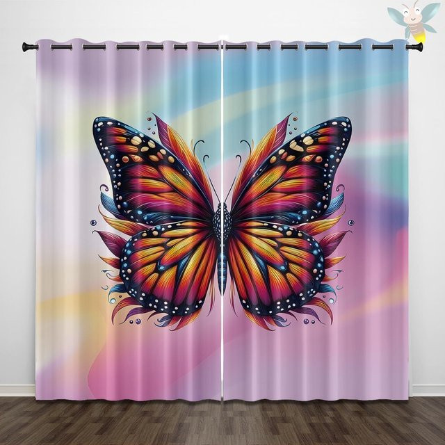 2er-Set bunte Vorhänge mit Schmetterlingsmuster in Schwarz und Multicolour, halbtransparent, B: 140 cm, H: 160 cm - Bild 1