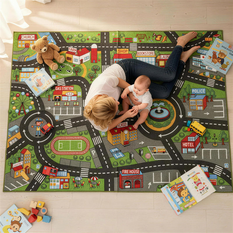AIYAPLAY Krabbelmatte für Babys mit Stadtmotiv, rutschfeste Spielmatte für das Kinderzimmer, grau/mehrfarbig, B/T/H: 200 x 150 x 0,5 cm, Aosom - Bild 2